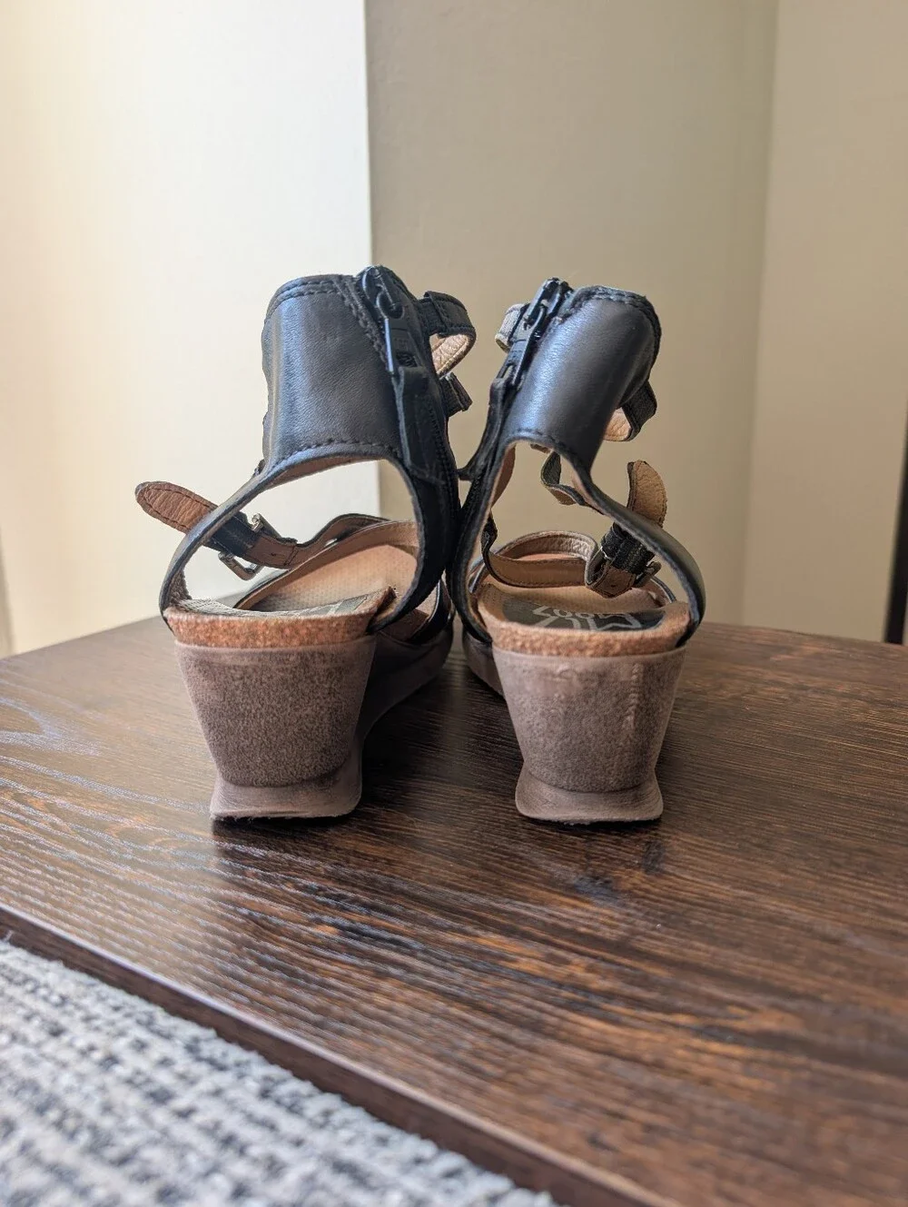 Miz Mooz Shay Black Leather Strappy Wedge Sandals